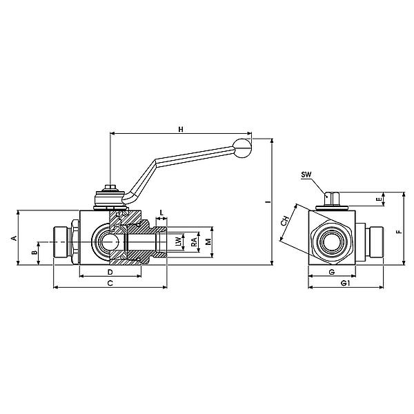 1083-12-0604-03 1083-12-XXXX-03 Ball valve 3-way L-bore